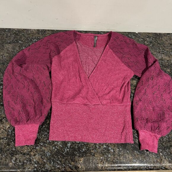 Anthropologie Surplice Ribbed Sweater Lace Sleeve Shirt Plum Pullover Size Small - Picture 6 of 9
